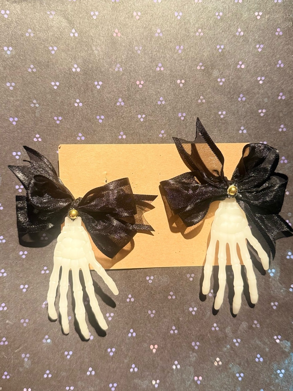 Glow-in-the-Dark Skeleton Hand Hair Bows for Kids - Black Ribbon